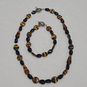 Amber And Black Beaded Necklace and Bracelet Set